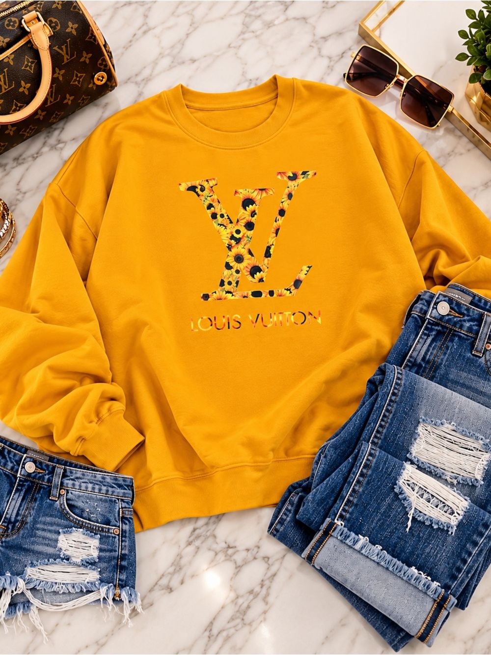 Plus Size Mustard Yellow Floral Logo Sweatshirt
